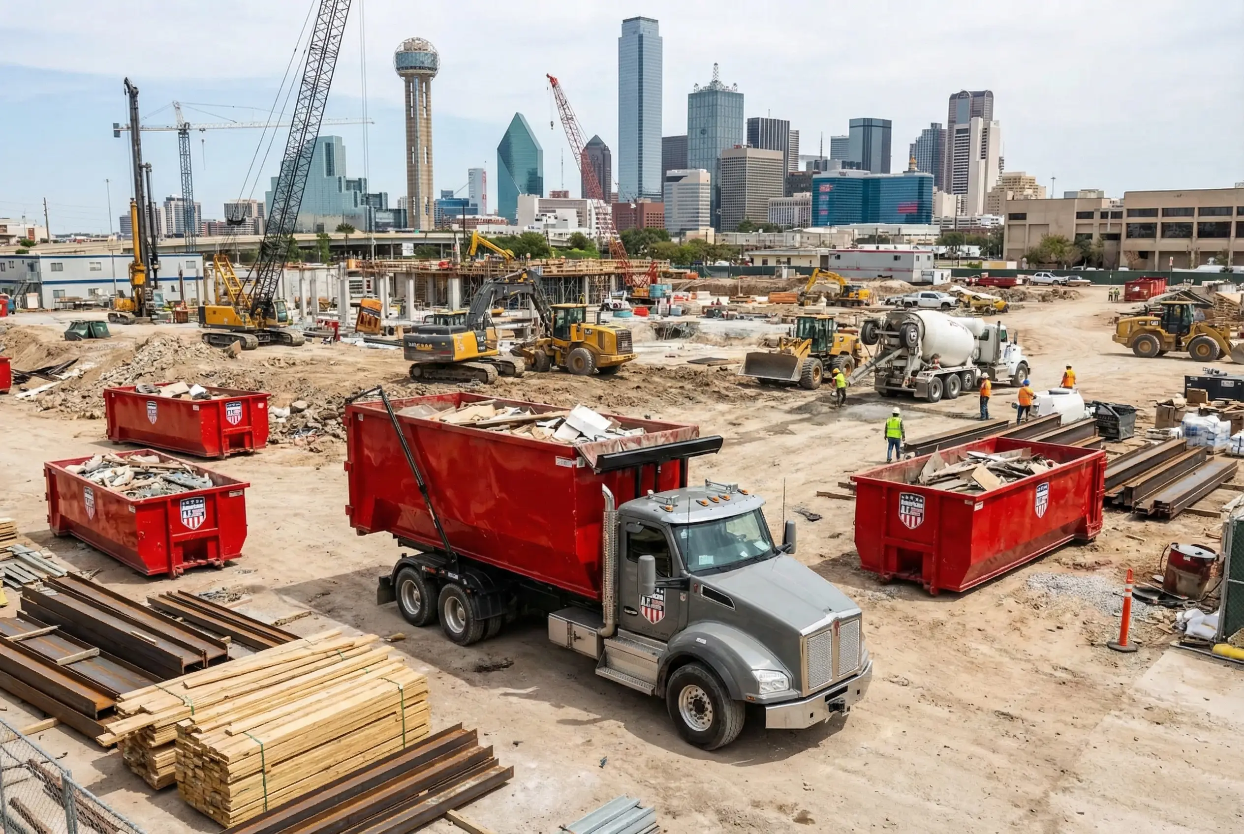 American AF Dumpsters truck delivering to a DFW construction job site