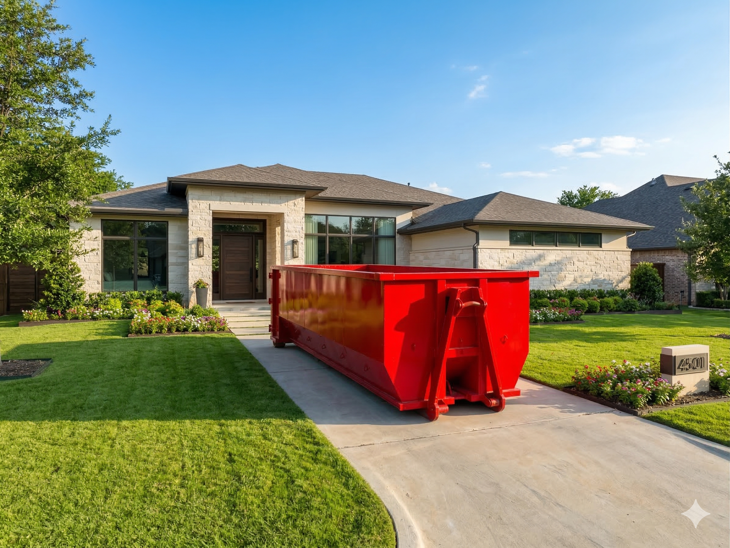 Red roll-off dumpster on a residential lawn in a Dallas suburb