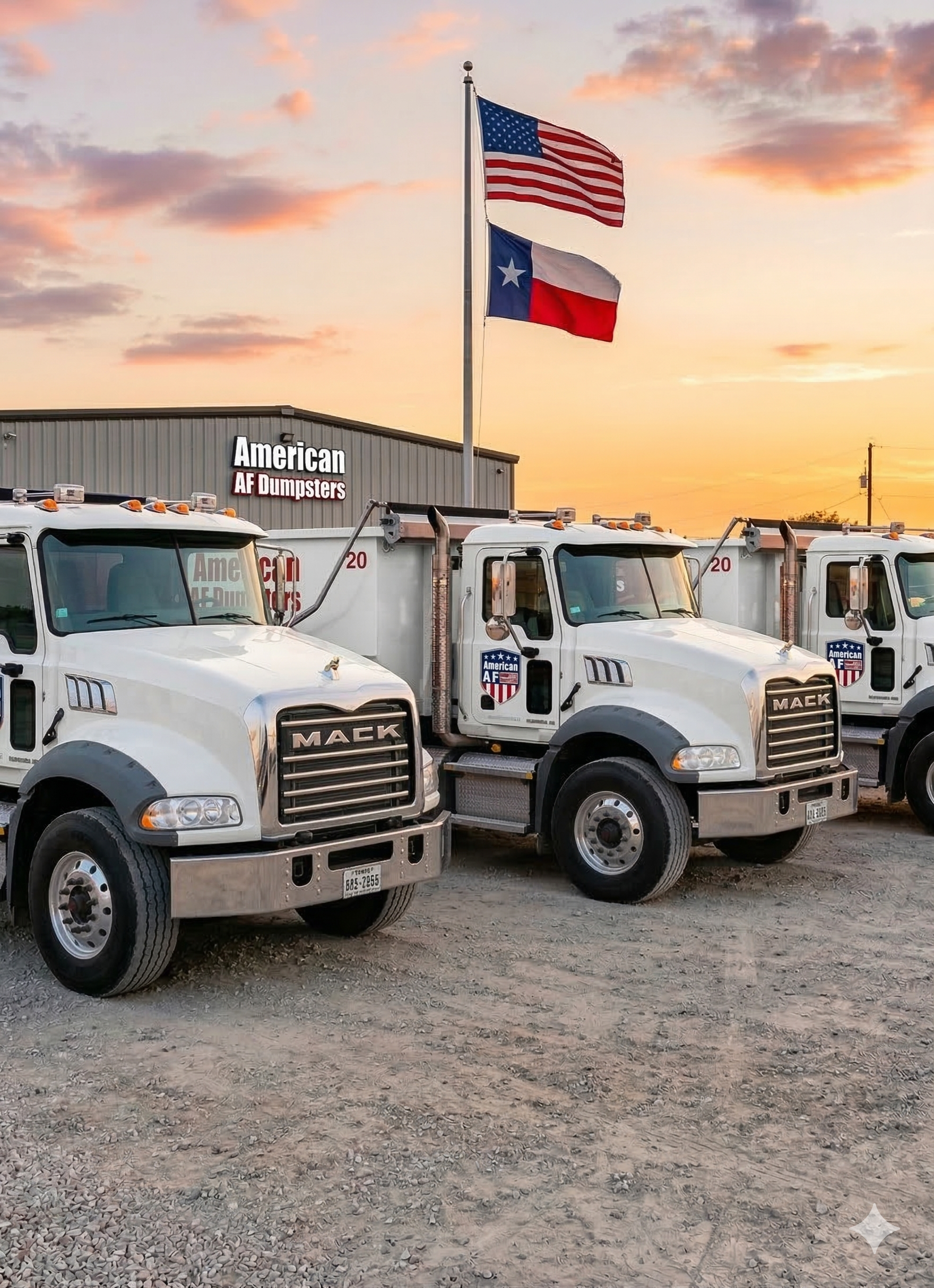 American AF Dumpsters fleet of Mack trucks with American flag