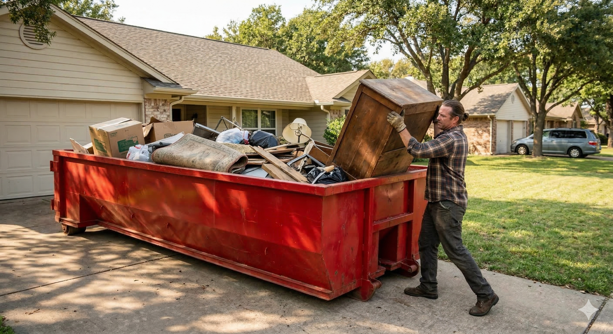 Dumpster being loaded with household items on a residential driveway