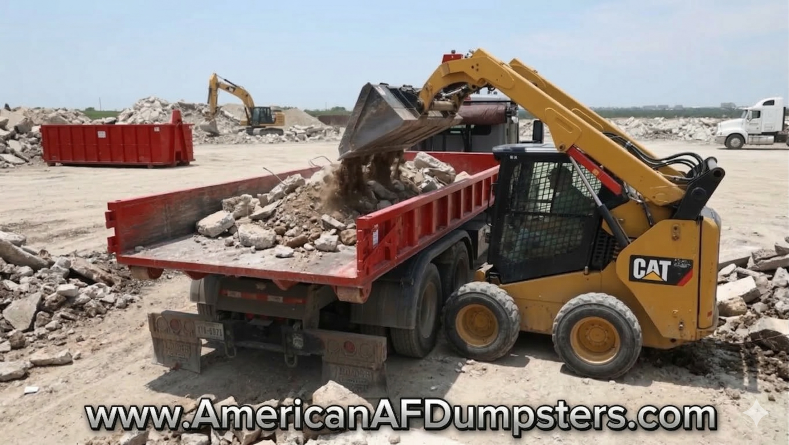 Skid steer loader dumping concrete into a lowboy dumpster