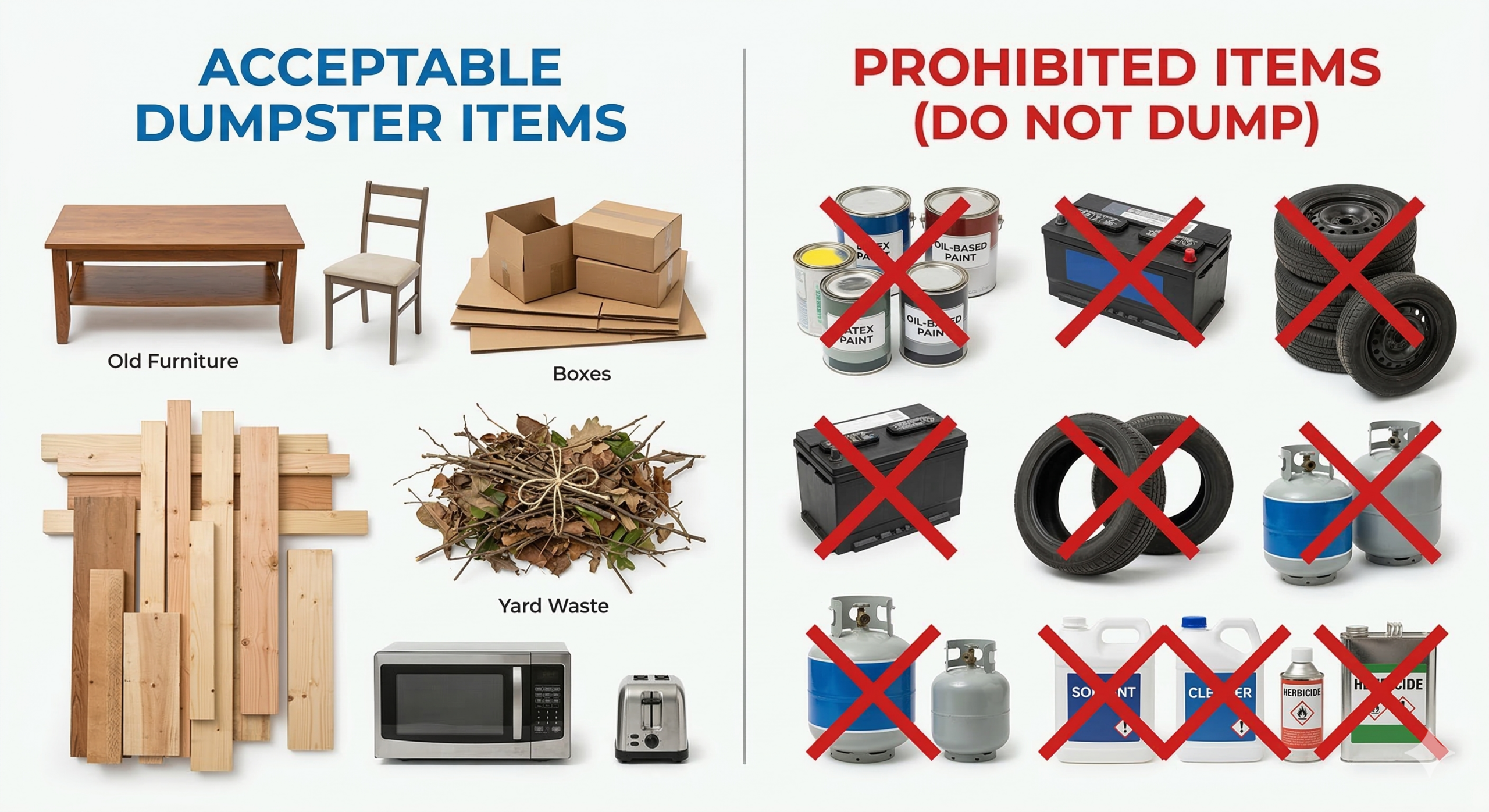 Infographic showing acceptable dumpster items versus prohibited items