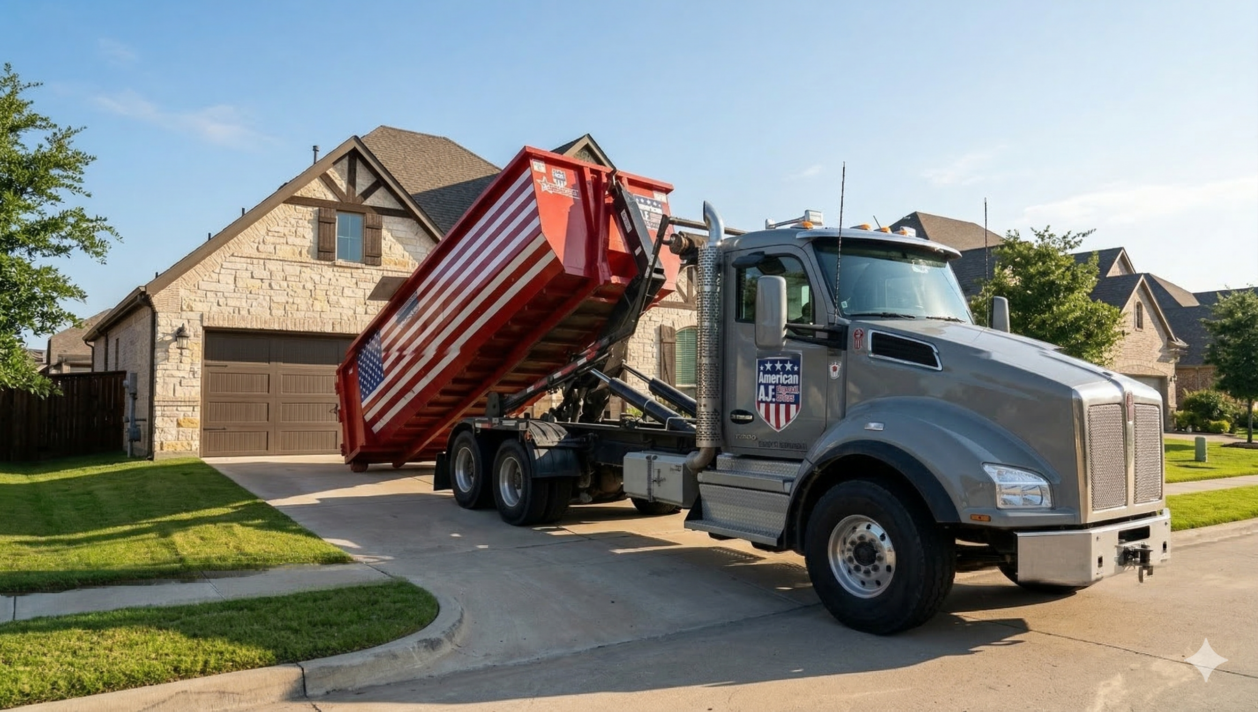 Roll-off truck delivering a dumpster container to a residential driveway