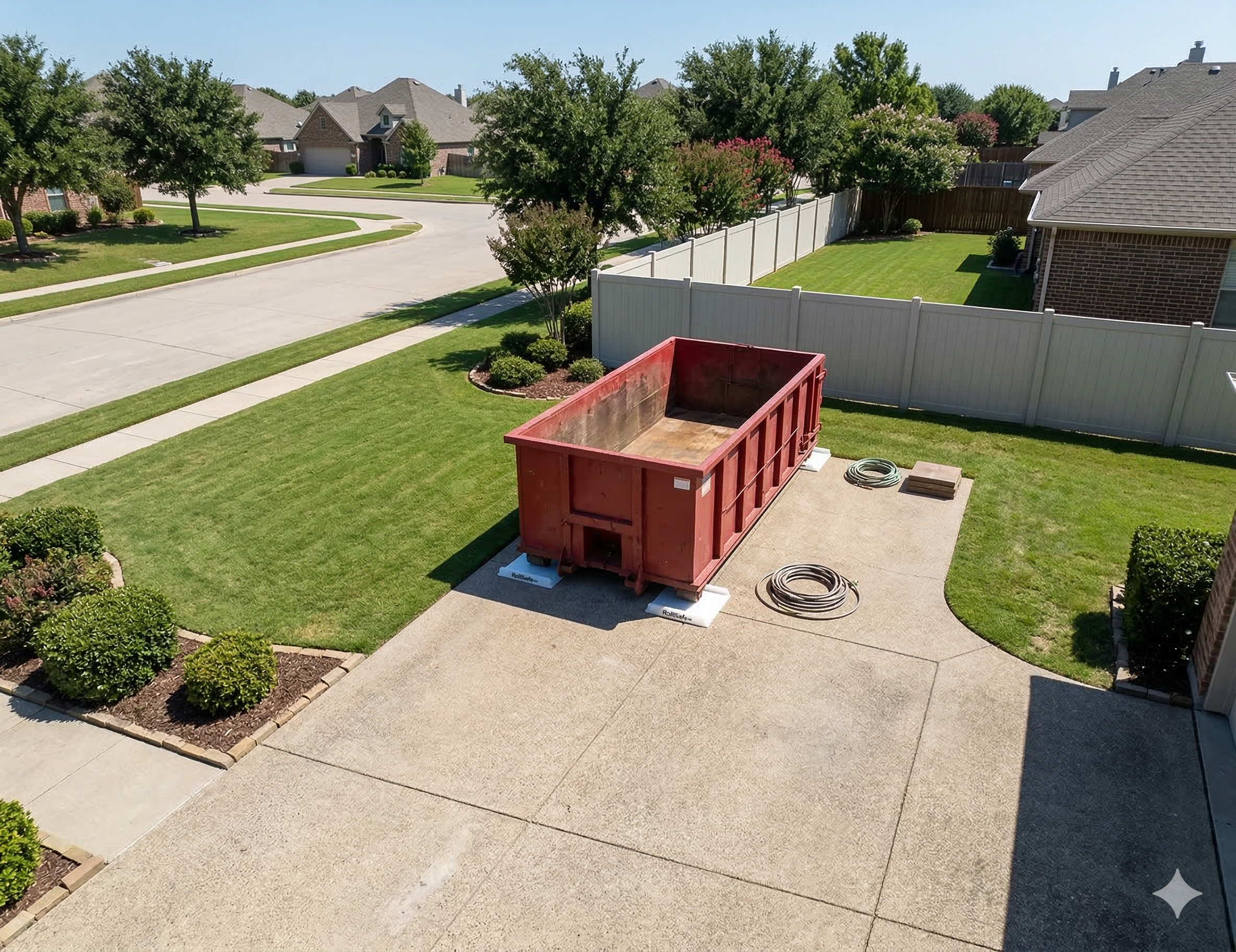 Red dumpster properly placed in a suburban driveway
